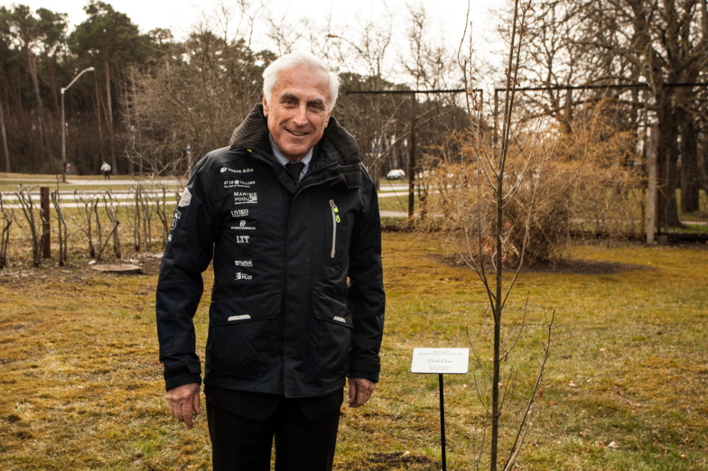 Carlo Croce in Kalev Yacht Club at Tallinn Olympic Sailing Centre with the young oak tree he planted. Photographer: Mardo Männimägi